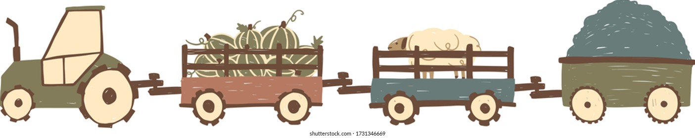Tractor. Vector illustration of a tractor with hind carriage watermelons, sheep and soil in childish style isolated on white background for kids. Heavy agricultural machinery for field work