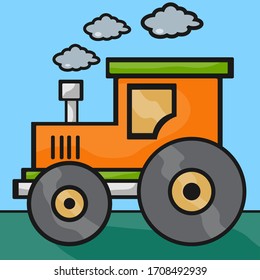 Tractor. Vector illustration of a 
orange tractor in a flat style isolated on blue background. Heavy agricultural machinery for field work