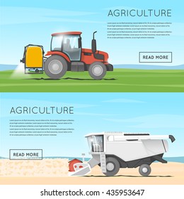 Tractor watering field. Agricultural vehicles. Processes the earth. Combine for harvesting. Farm. Flat design vector illustration.