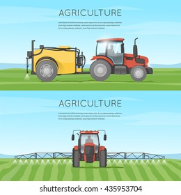 Tractor watering field. Agricultural vehicles. Harvesting. Farm. Processes the earth. Flat design vector illustration.