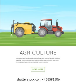 Tractor watering field. Agricultural vehicles. Harvesting. Farm. Processes the earth. Flat design vector illustration.