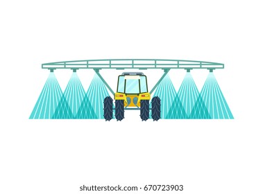 Tractor watering field icon. Rural industrial farm equipment machinery, agricultural vehicle isolated vector illustration in flat design.