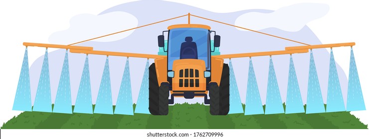 Tractor watering large field with special device concept agricultural machinery isolated on white, flat vector illustration. Area crop fertilizer, harvesting field farming technique grain.