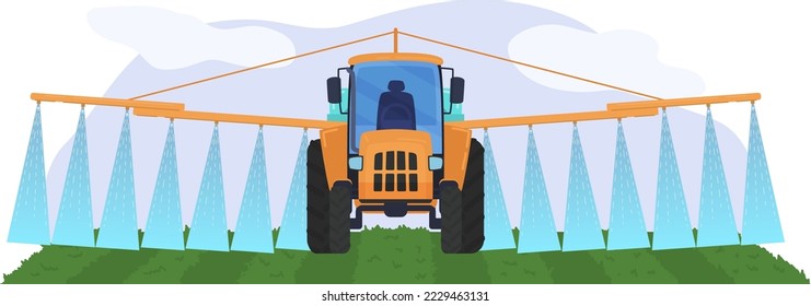 Ríos de tractores de gran campo con concepto de dispositivo especial, maquinaria agrícola aislada en ilustración blanca, plana vectorial. Abonador de cultivos de área.