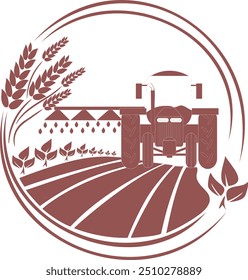 Ícone monocromático isolado de rega, plantas e campos fertilizantes de trator. Sinal de agricultura.  Símbolo de design, logotipo. Ilustração vetorial.
Logótipo de produção agrícola com silhueta de irrigação por trator