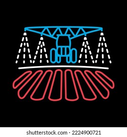 Tractor watering, soil and fertilizing field on black background icon. Agriculture sign. Graph symbol for web site design, logo, app, UI. Vector illustration, EPS10.