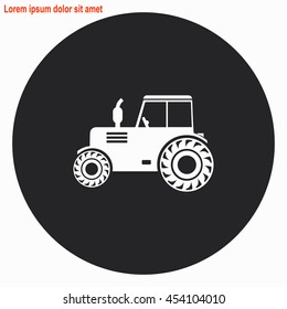 Tractor web icon. Gray circle button with white illustration.