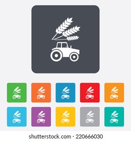 Tractor with Wheat corn sign icon. Agricultural industry symbol. Rounded squares 11 buttons. Vector