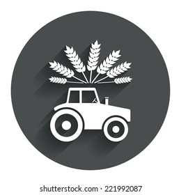 Tractor with Wheat corn sign icon. Agricultural industry symbol. Circle flat button with shadow. Modern UI website navigation. Vector