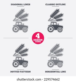 Tractor with Wheat corn sign icon. Agricultural industry symbol. Diagonal and horizontal lines, classic outline, dotted texture. Pattern design icons.  Vector