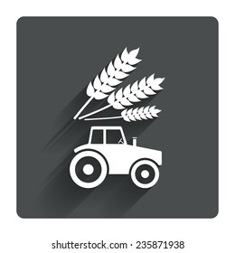 Tractor with Wheat corn sign icon. Agricultural industry symbol. Gray flat square button with shadow. Modern UI website navigation. Vector