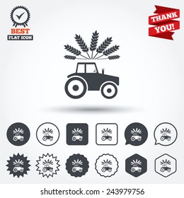 Tractor with Wheat corn sign icon. Agricultural industry symbol. Circle, star, speech bubble and square buttons. Award medal with check mark. Thank you. Vector