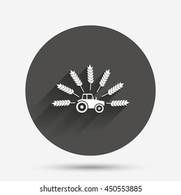 Tractor with Wheat corn sign icon. Agricultural industry symbol. Circle flat button with shadow. Vector