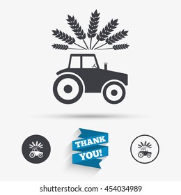 Tractor with Wheat corn sign icon. Agricultural industry symbol. Flat icons. Buttons with icons. Thank you ribbon. Vector