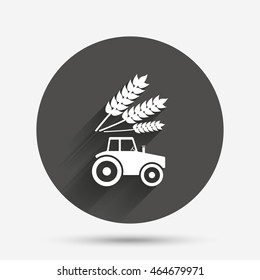 Tractor with Wheat corn sign icon. Agricultural industry symbol. Circle flat button with shadow. Vector