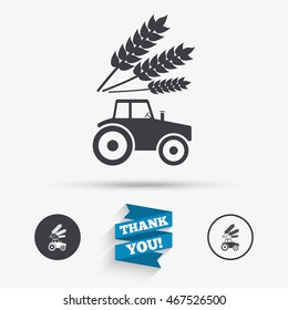 Tractor with Wheat corn sign icon. Agricultural industry symbol. Flat icons. Buttons with icons. Thank you ribbon. Vector