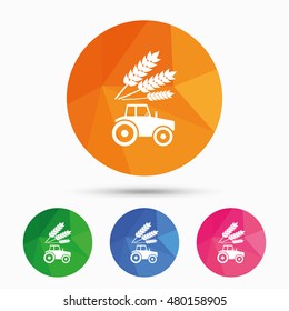 Tractor with Wheat corn sign icon. Agricultural industry symbol. Triangular low poly button with flat icon. Vector