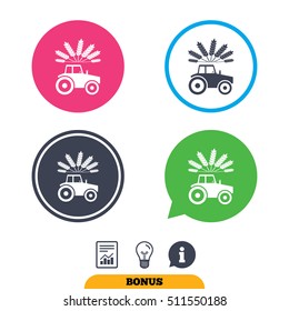 Tractor with Wheat corn sign icon. Agricultural industry symbol. Report document, information sign and light bulb icons. Vector