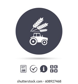 Tractor with Wheat corn sign icon. Agricultural industry symbol. Report document, information and check tick icons. Currency exchange. Vector