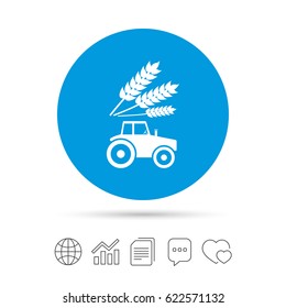 Tractor with Wheat corn sign icon. Agricultural industry symbol. Copy files, chat speech bubble and chart web icons. Vector