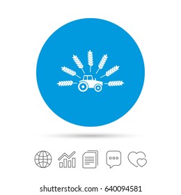 Tractor with Wheat corn sign icon. Agricultural industry symbol. Copy files, chat speech bubble and chart web icons. Vector
