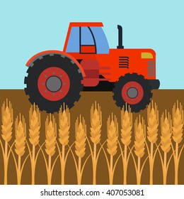Tractor in wheat field, agriculture vector illustration