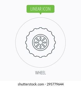 Tractor Wheel Icon. Tire Service Sign. Linear Outline Circle Button. Vector