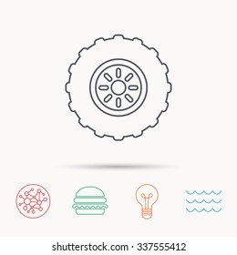 Tractor Wheel Icon. Tire Service Sign. Global Connect Network, Ocean Wave And Burger Icons. Lightbulb Lamp Symbol.