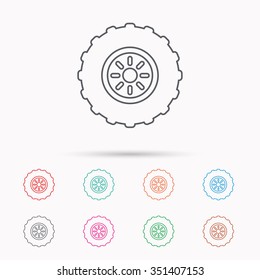 Tractor wheel icon. Tire service sign. Linear icons on white background.