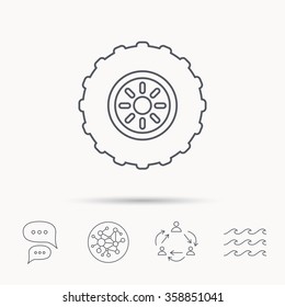 Tractor Wheel Icon. Tire Service Sign. Global Connect Network, Ocean Wave And Chat Dialog Icons. Teamwork Symbol.