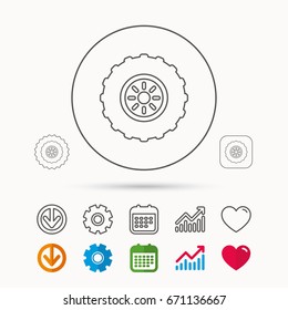 Tractor Wheel Icon. Tire Service Sign. Calendar, Graph Chart And Cogwheel Signs. Download And Heart Love Linear Web Icons. Vector
