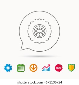 Tractor wheel icon. Tire service sign. Calendar, Graph chart and Cogwheel signs. Download and Shield web icons. Vector