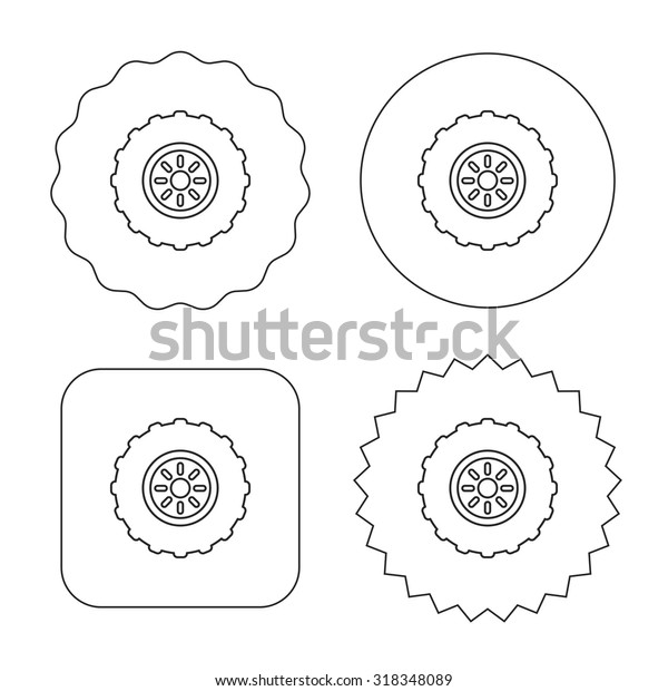 Tractor wheel icon. Tire\
service sign. Flat circle, star and emblem buttons. Labels design.\
Vector