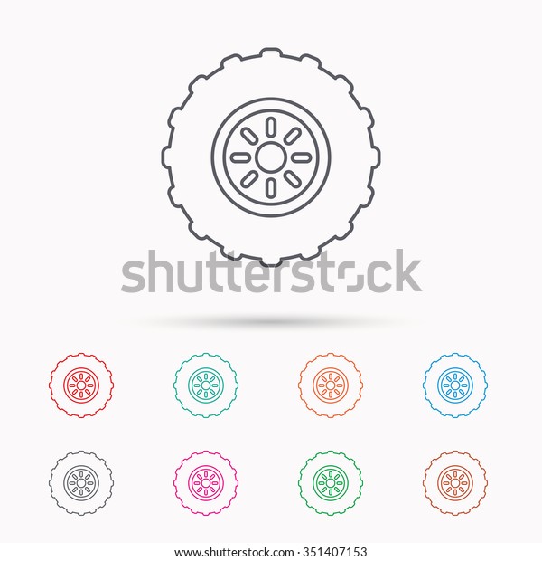 Tractor wheel icon. Tire service sign. Linear\
icons on white\
background.