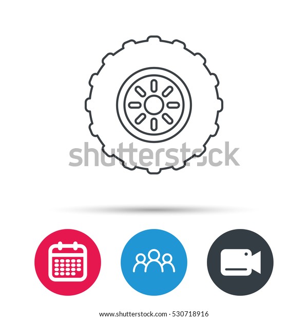 Tractor wheel icon. Tire service\
sign. Group of people, video cam and calendar icons.\
Vector