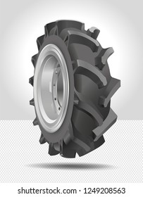 Tractor Wheel. Tire, Tyre, Wheel Icon. High Quality Vector Illustration Isolated On White Background. 3D Illustration. Farm Wheel. Black Rubber Tire. Realistic Vector Shining Disk. Aluminum Wheel.