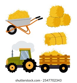 Tractor, wheelbarrow and haystack set. Straw, haystack and rural hayloft. Harvesting, agriculture, farm. Vector hand draw illustration isolated on the white background.