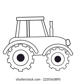 Tractor with wheels, farm transport outline in cartoon style, coloring page for kids isolated on white background. Printable.