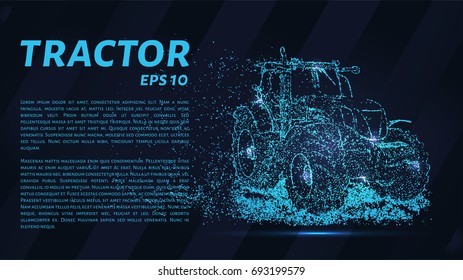 The tractor which consists of points. Particles in the form of a tractor on a dark background. Vector illustration. Graphic concept of the agricultural business.