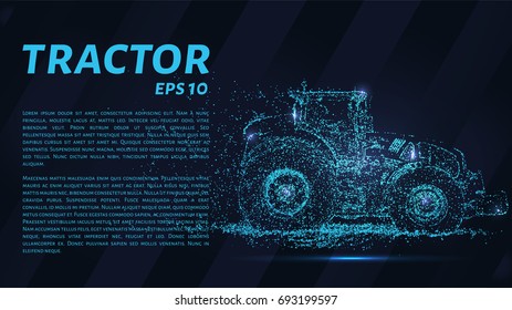 The tractor which consists of points. Particles in the form of a tractor on a dark background. Vector illustration. Graphic concept of the agricultural business.