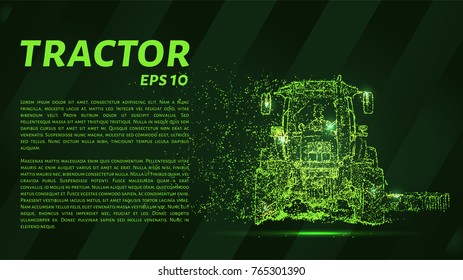 The tractor which consists of points. Particles in the form of a tractor on a dark background. Vector illustration. Graphic concept of the agricultural business