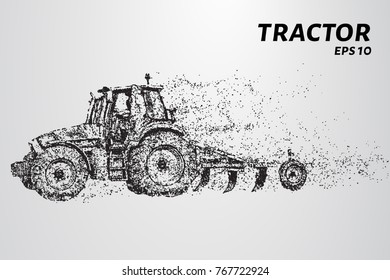 The tractor which consists of points. Particles in the form of a tractor on a dark background. Vector illustration. Graphic concept of the agricultural business