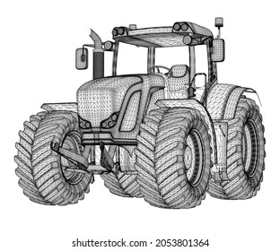 Tractor wireframe from black lines isolated on white background. 3D. Vector illustration