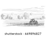 Tractor working in field hand drawn illustration. Vector.