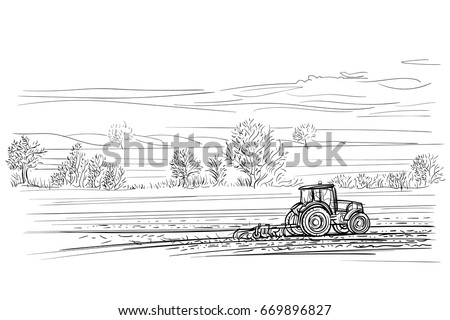 Tractor working in field hand drawn illustration. Vector.