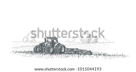 Tractor in working in field illustration. Hand drawn. Vector. eps 10. 