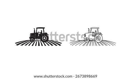 Tractor working in field with plowed rows