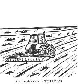 Tractor working on field hand draw illustration