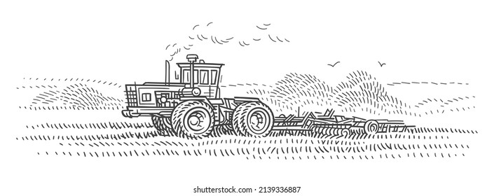 Tractor working on the field vector sketch. 