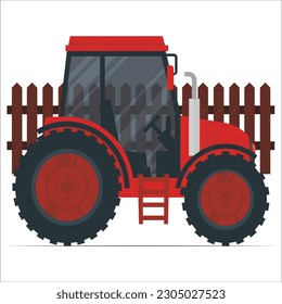 Tractor works in a field. Agriculture machinery. Plowing in the field. Heavy agricultural machinery for fieldwork. Vector illustration. agricultural machinery in the foreground carrying out work.